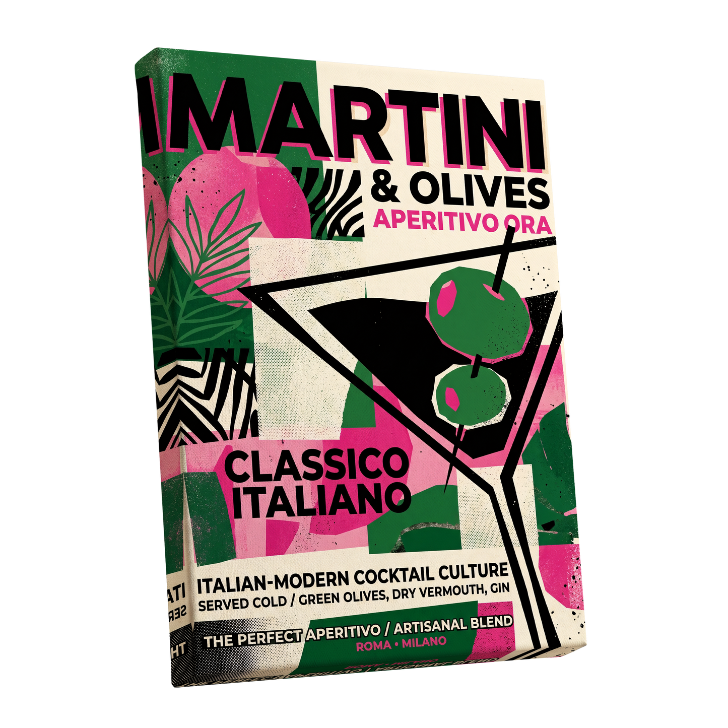 Martini Moderne, black, green, pink abstract wall art shown as a stretched canvas wall art