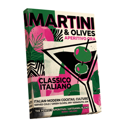 Martini Moderne, black, green, pink abstract wall art shown as a stretched canvas wall art
