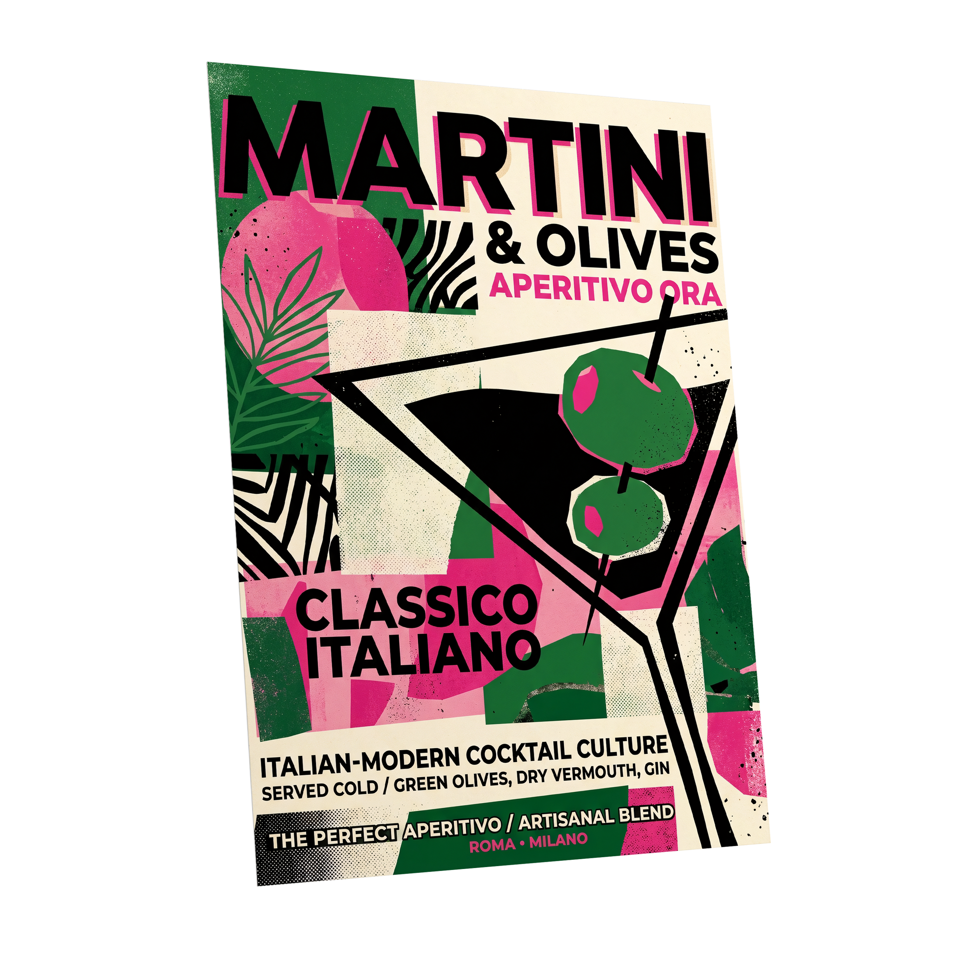 Martini Moderne, black, green, pink abstract wall art shown as a unframed poster wall art print