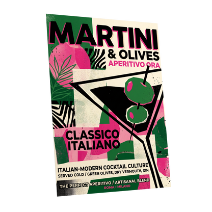 Martini Moderne, black, green, pink abstract wall art shown as a unframed poster wall art print
