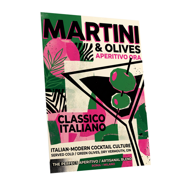 Martini Moderne, black, green, pink abstract wall art shown as a unframed poster wall art print
