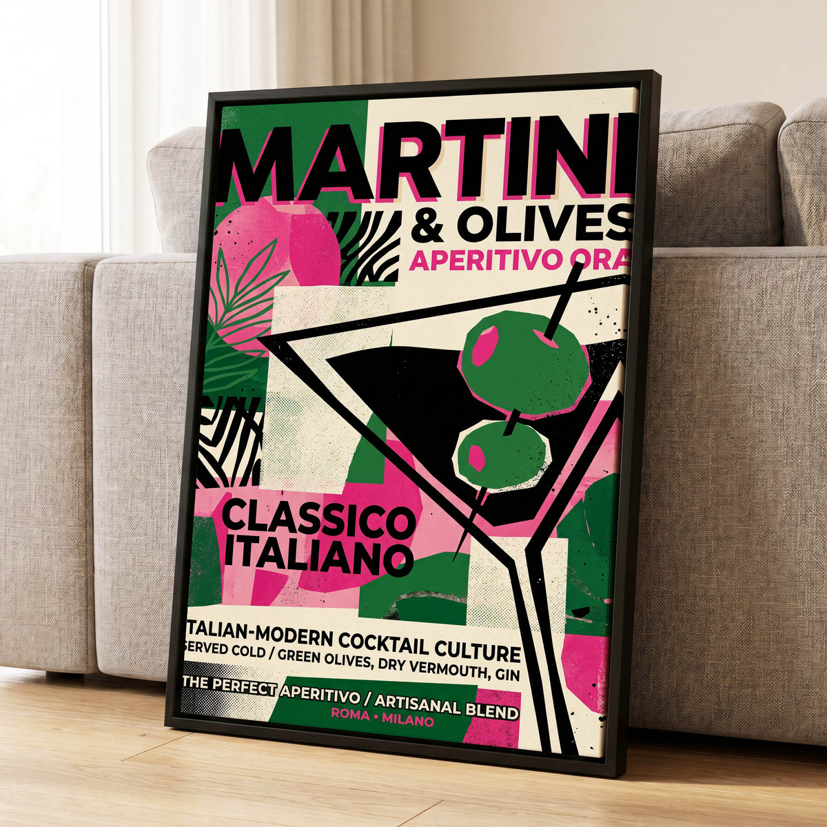 Martini Moderne, black, green, pink abstract wall art displayed in a styled interior, gallery view 1