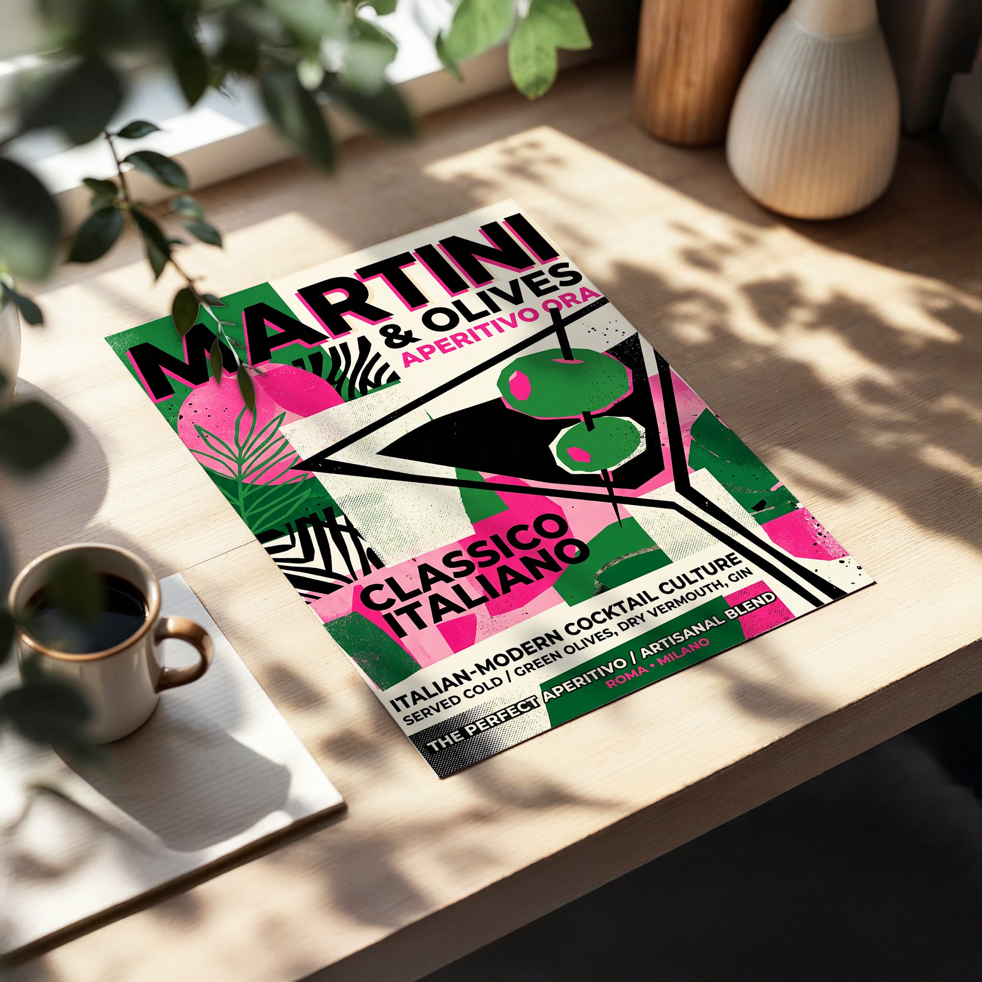 Martini Moderne, black, green, pink abstract wall art displayed in a styled interior, gallery view 2