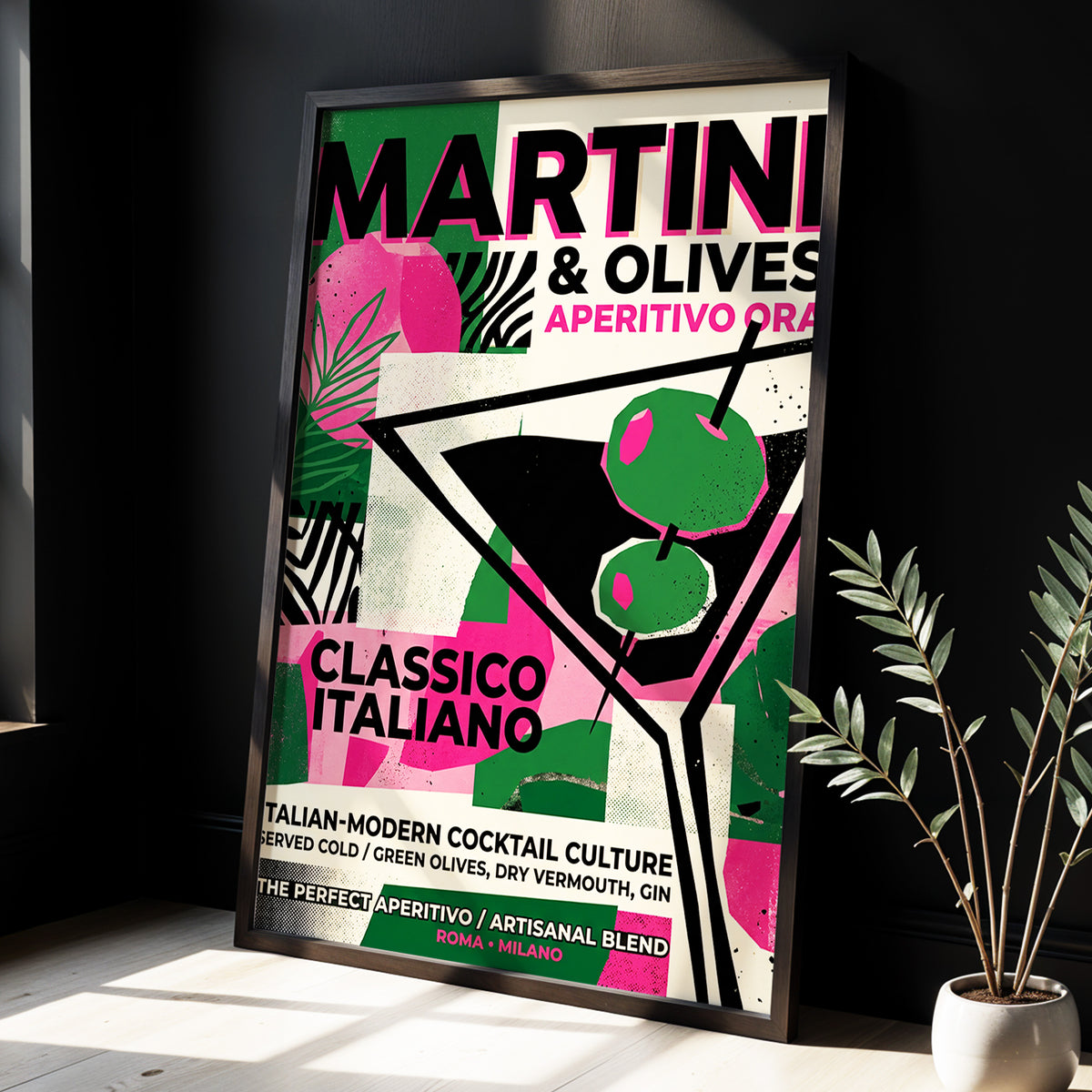 Martini Moderne, black, green, pink abstract wall art displayed in a styled interior, gallery view 3