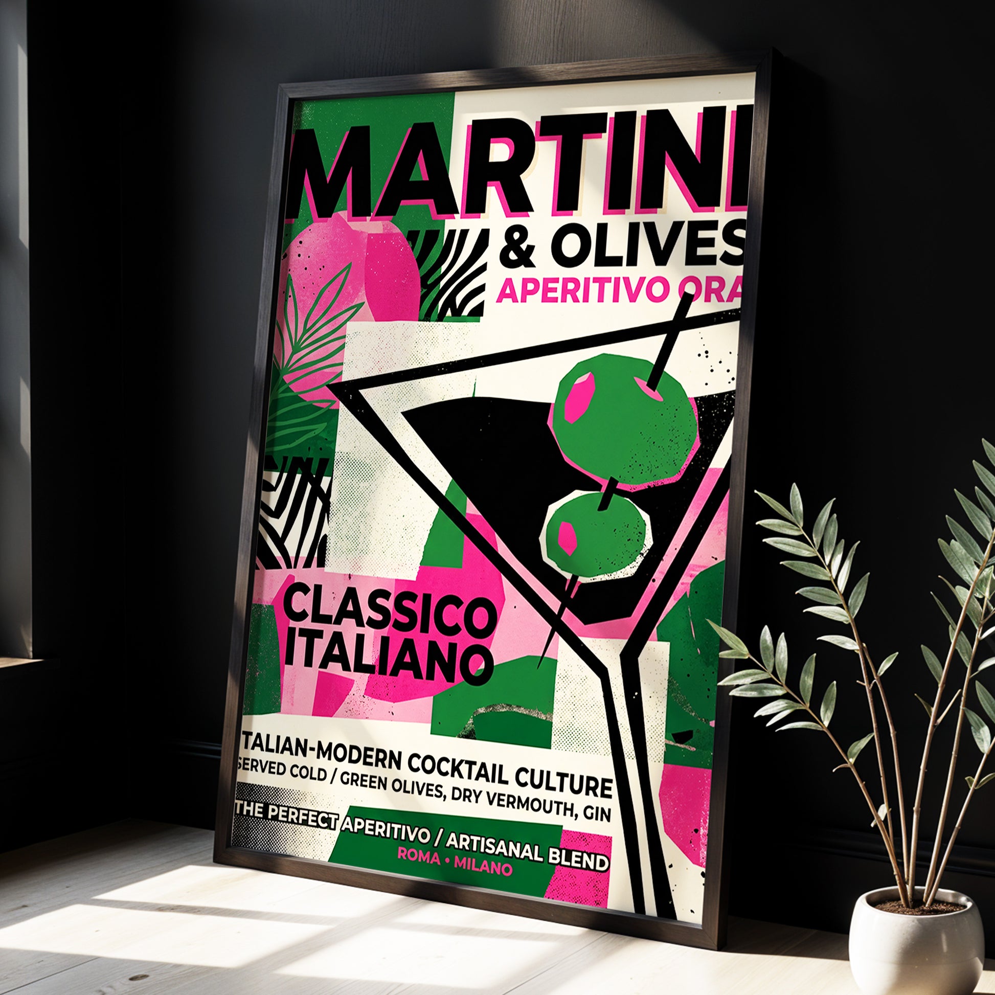 Martini Moderne, black, green, pink abstract wall art displayed in a styled interior, gallery view 3
