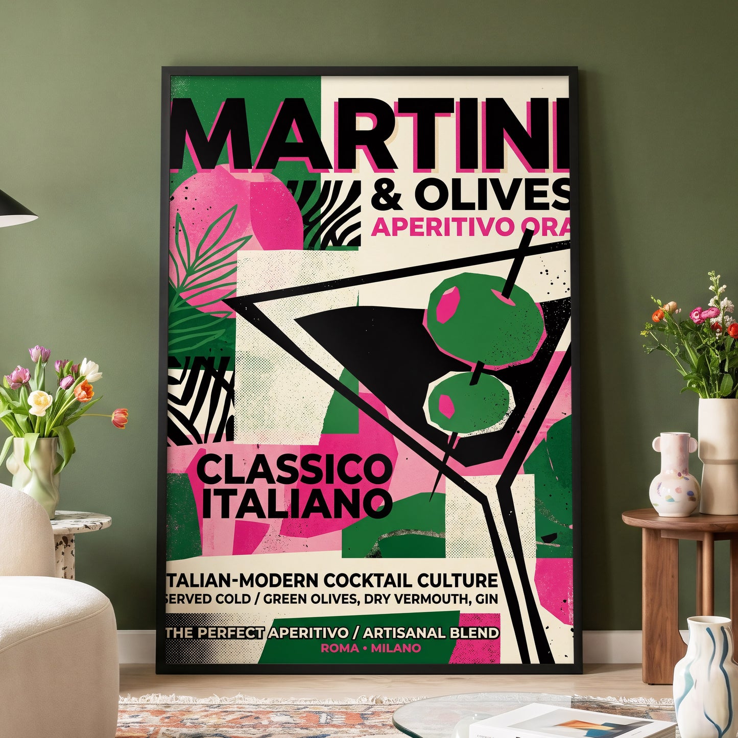 Martini Moderne, black, green, pink abstract wall art displayed in a styled interior, gallery view 4