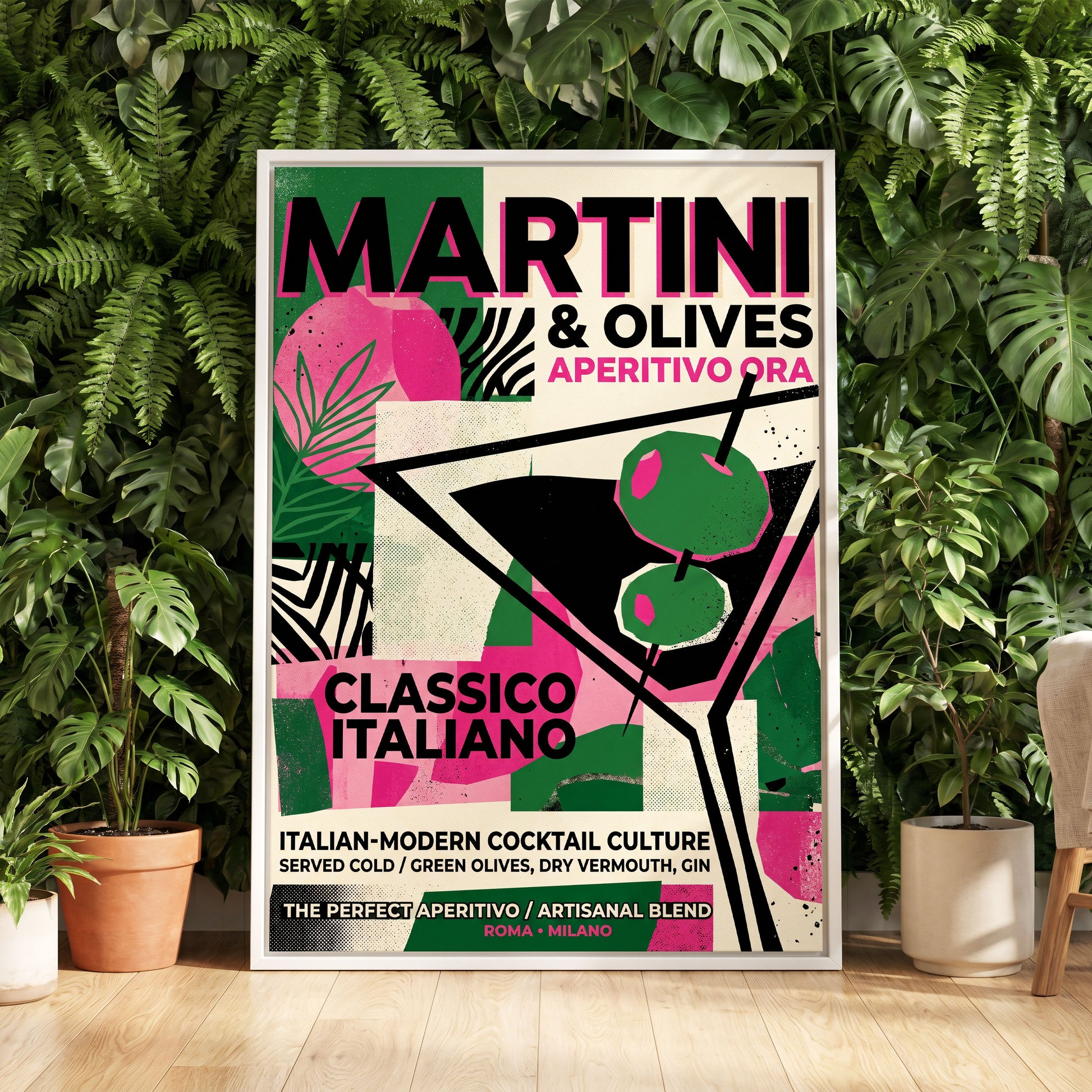 Martini Moderne, black, green, pink abstract wall art displayed in a styled interior, gallery view 5