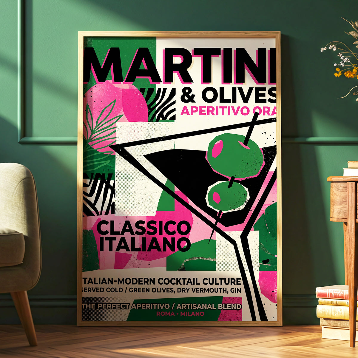 Martini Moderne, black, green, pink abstract wall art displayed in a styled interior, gallery view 6