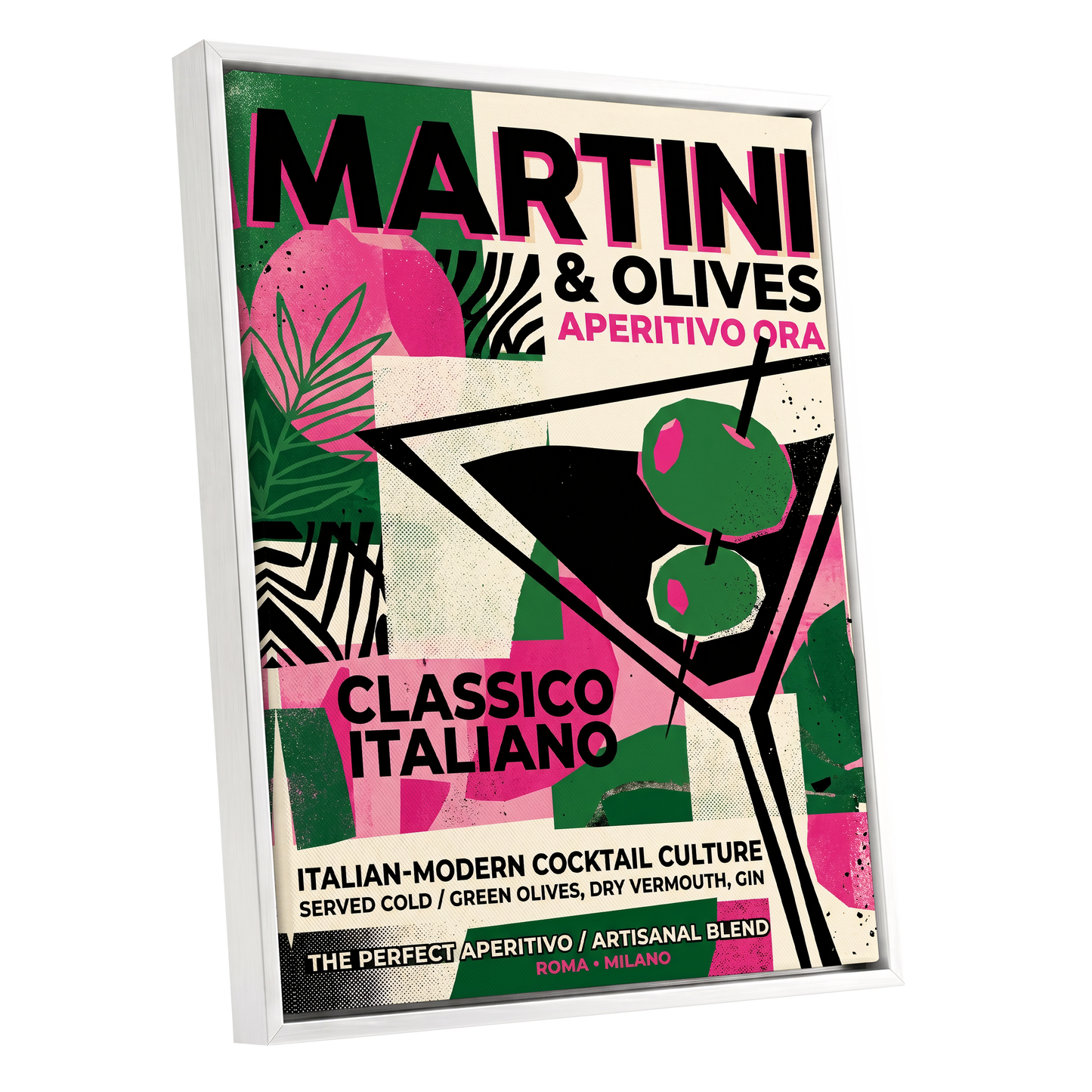 Martini Moderne, black, green, pink abstract wall art shown as a white framed canvas wall art