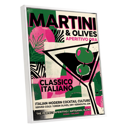 Martini Moderne, black, green, pink abstract wall art shown as a white framed canvas wall art