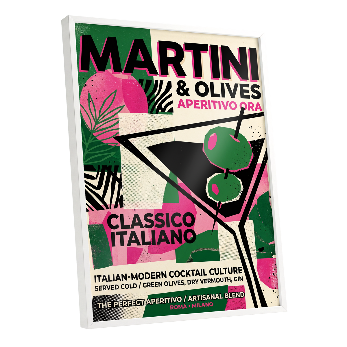 Martini Moderne, black, green, pink abstract wall art shown as a white framed poster wall art print