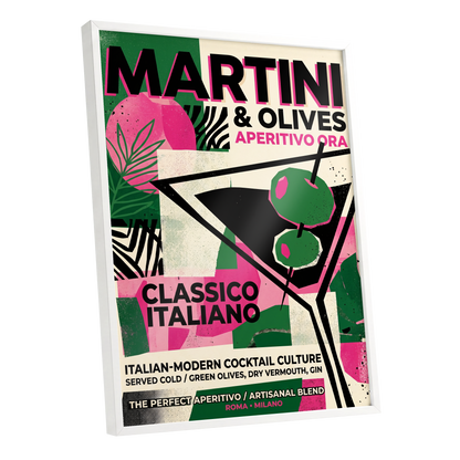 Martini Moderne, black, green, pink abstract wall art shown as a white framed poster wall art print