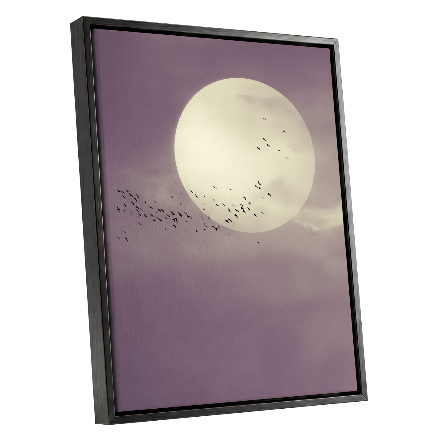 Mauve Migration, purple, beige, black nature wall art shown as a black framed canvas wall art