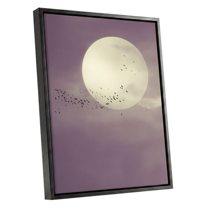 Mauve Migration, purple, beige, black nature wall art shown as a black framed canvas wall art