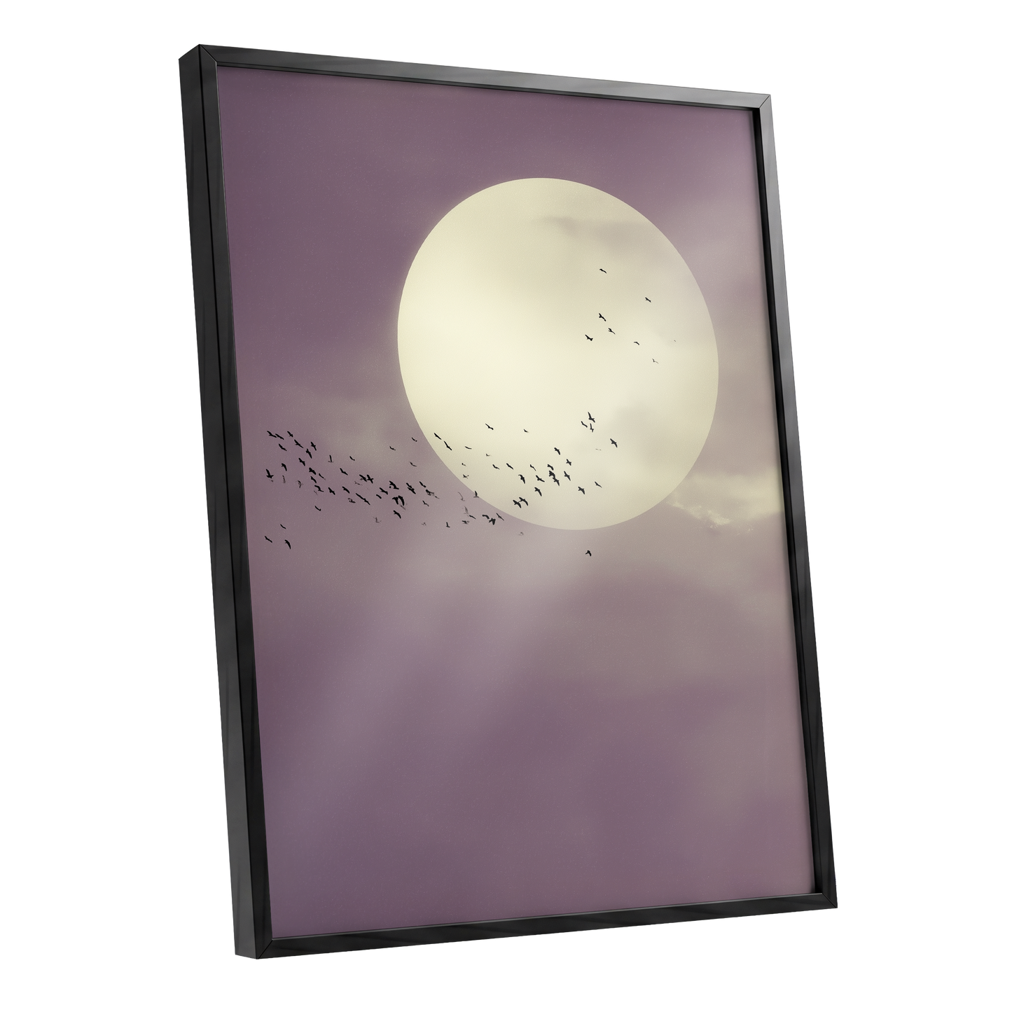 Mauve Migration, purple, beige, black nature wall art shown as a black framed poster wall art print