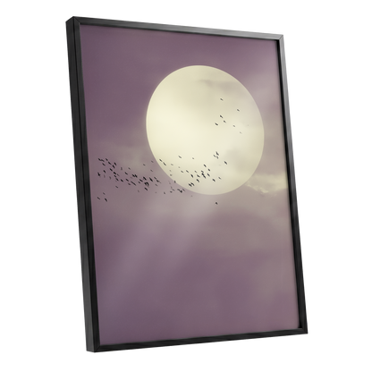 Mauve Migration, purple, beige, black nature wall art shown as a black framed poster wall art print