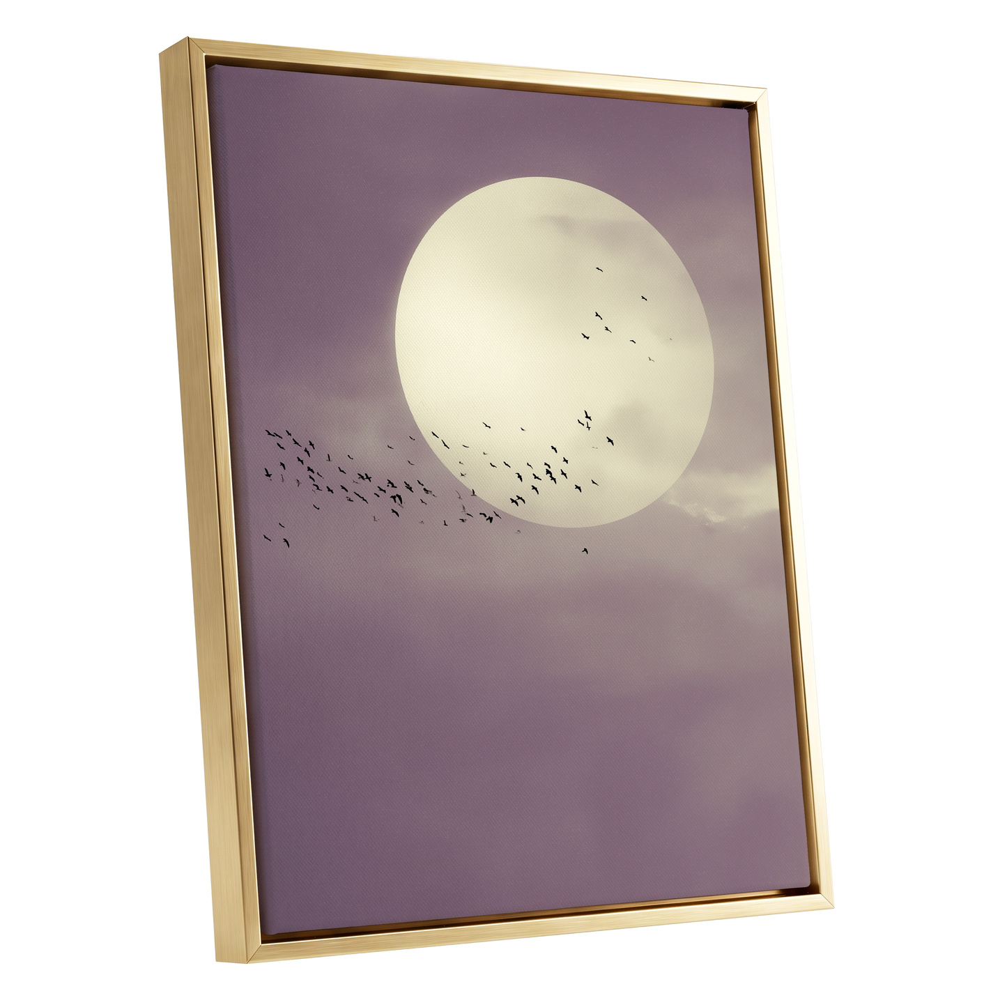 Mauve Migration, purple, beige, black nature wall art shown as a gold framed canvas wall art