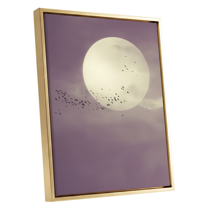 Mauve Migration, purple, beige, black nature wall art shown as a gold framed canvas wall art