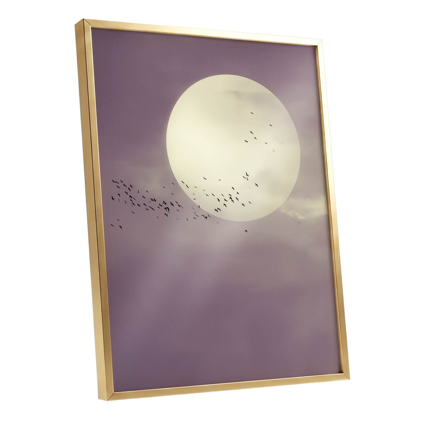 Mauve Migration, purple, beige, black nature wall art shown as a gold framed poster wall art print