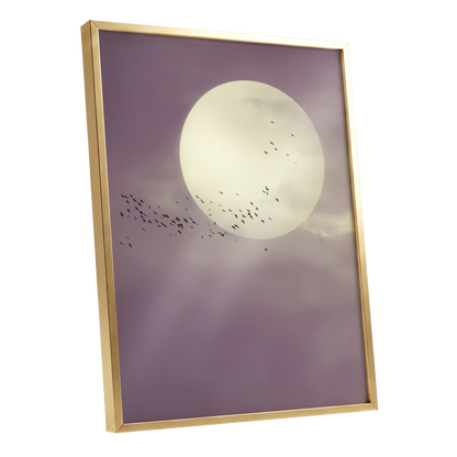 Mauve Migration, purple, beige, black nature wall art shown as a gold framed poster wall art print