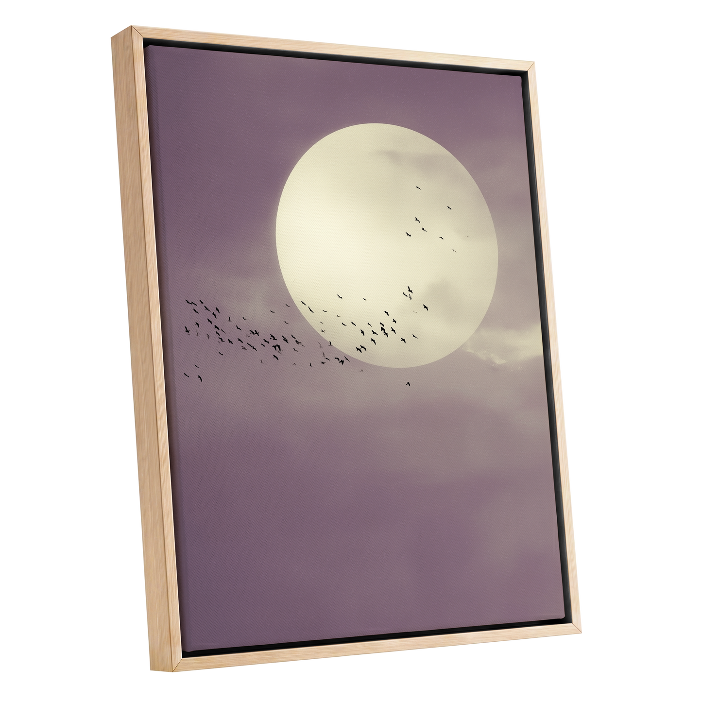 Mauve Migration, purple, beige, black nature wall art shown as a oak framed canvas wall art