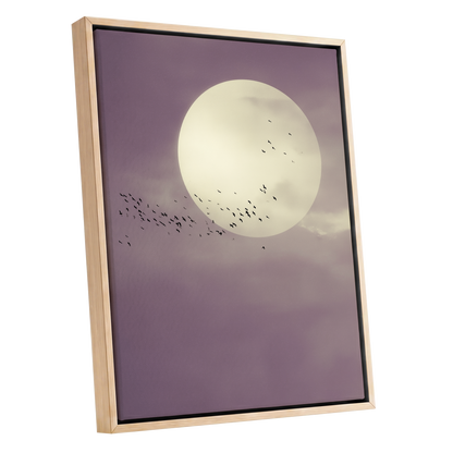 Mauve Migration, purple, beige, black nature wall art shown as a oak framed canvas wall art