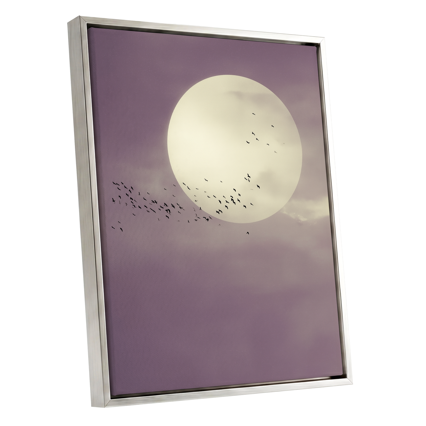 Mauve Migration, purple, beige, black nature wall art shown as a silver framed canvas wall art