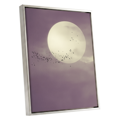 Mauve Migration, purple, beige, black nature wall art shown as a silver framed canvas wall art