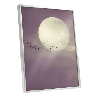 Mauve Migration, purple, beige, black nature wall art shown as a silver framed poster wall art print