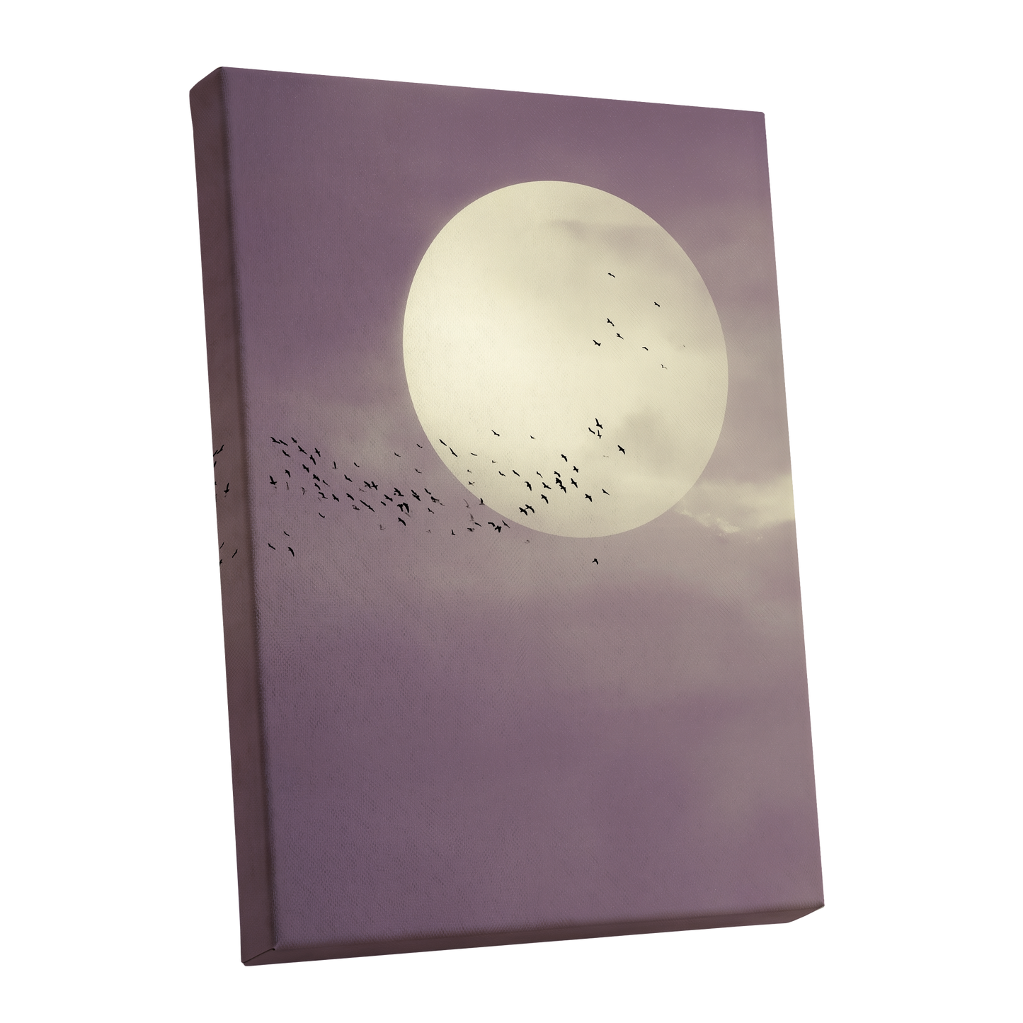 Mauve Migration, purple, beige, black nature wall art shown as a stretched canvas wall art