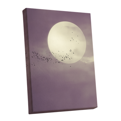 Mauve Migration, purple, beige, black nature wall art shown as a stretched canvas wall art
