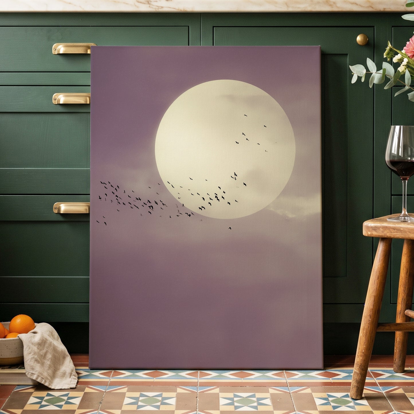 Mauve Migration, purple, beige, black nature wall art displayed in a styled interior, gallery view 3