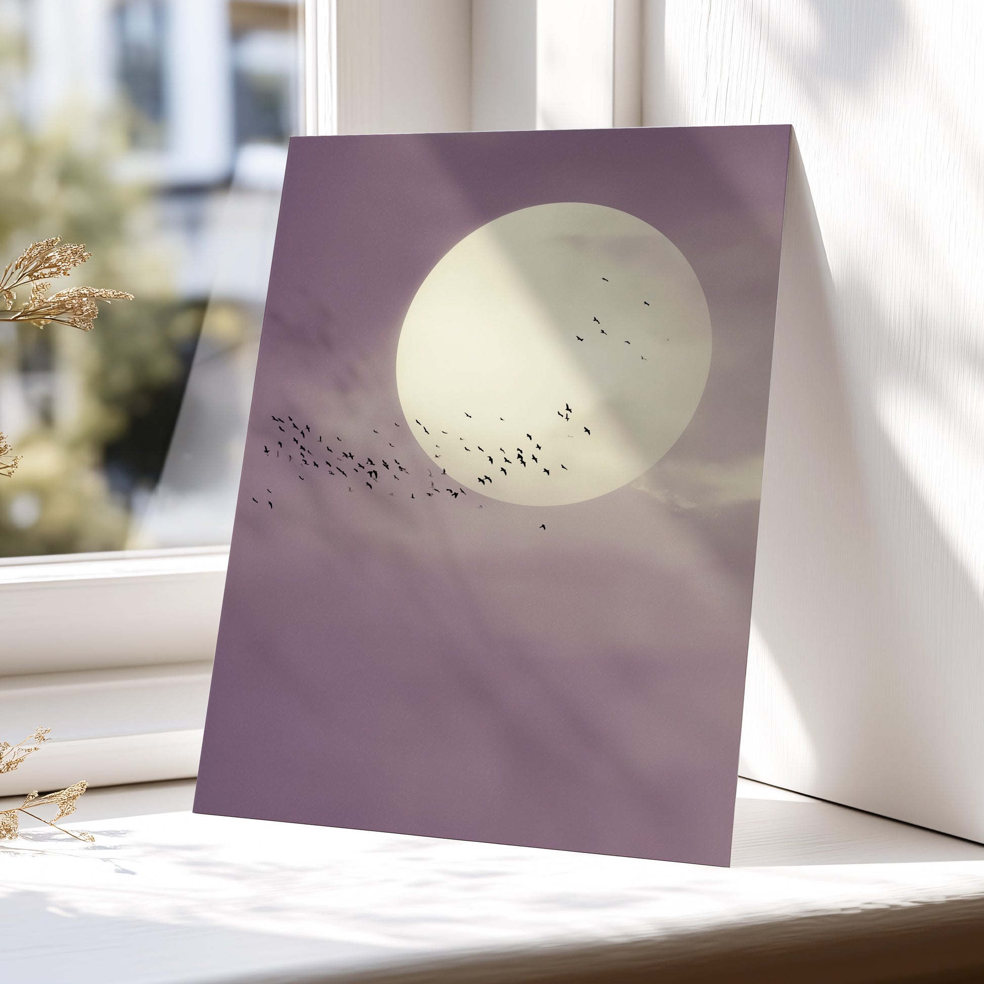 Mauve Migration, purple, beige, black nature wall art displayed in a styled interior, gallery view 5