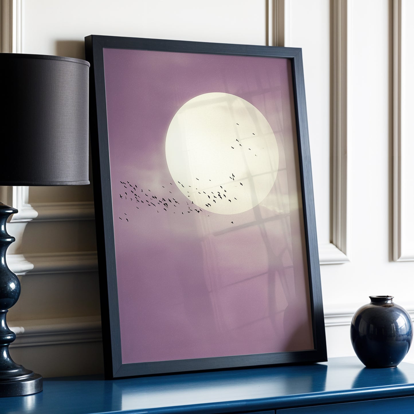 Mauve Migration, purple, beige, black nature wall art displayed in a styled interior, gallery view 6