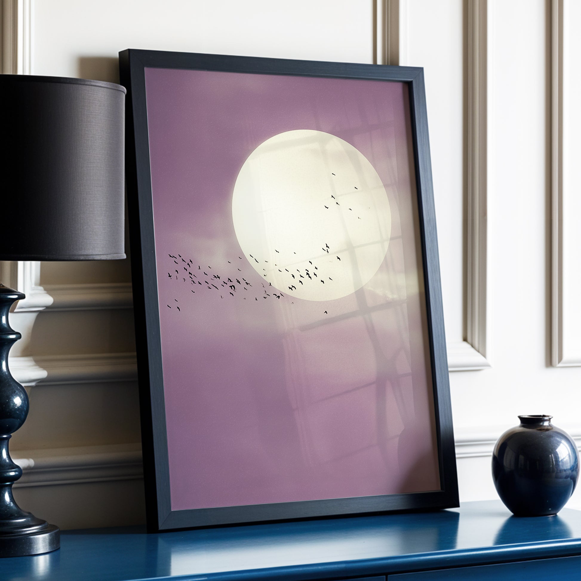 Mauve Migration, purple, beige, black nature wall art displayed in a styled interior, gallery view 6