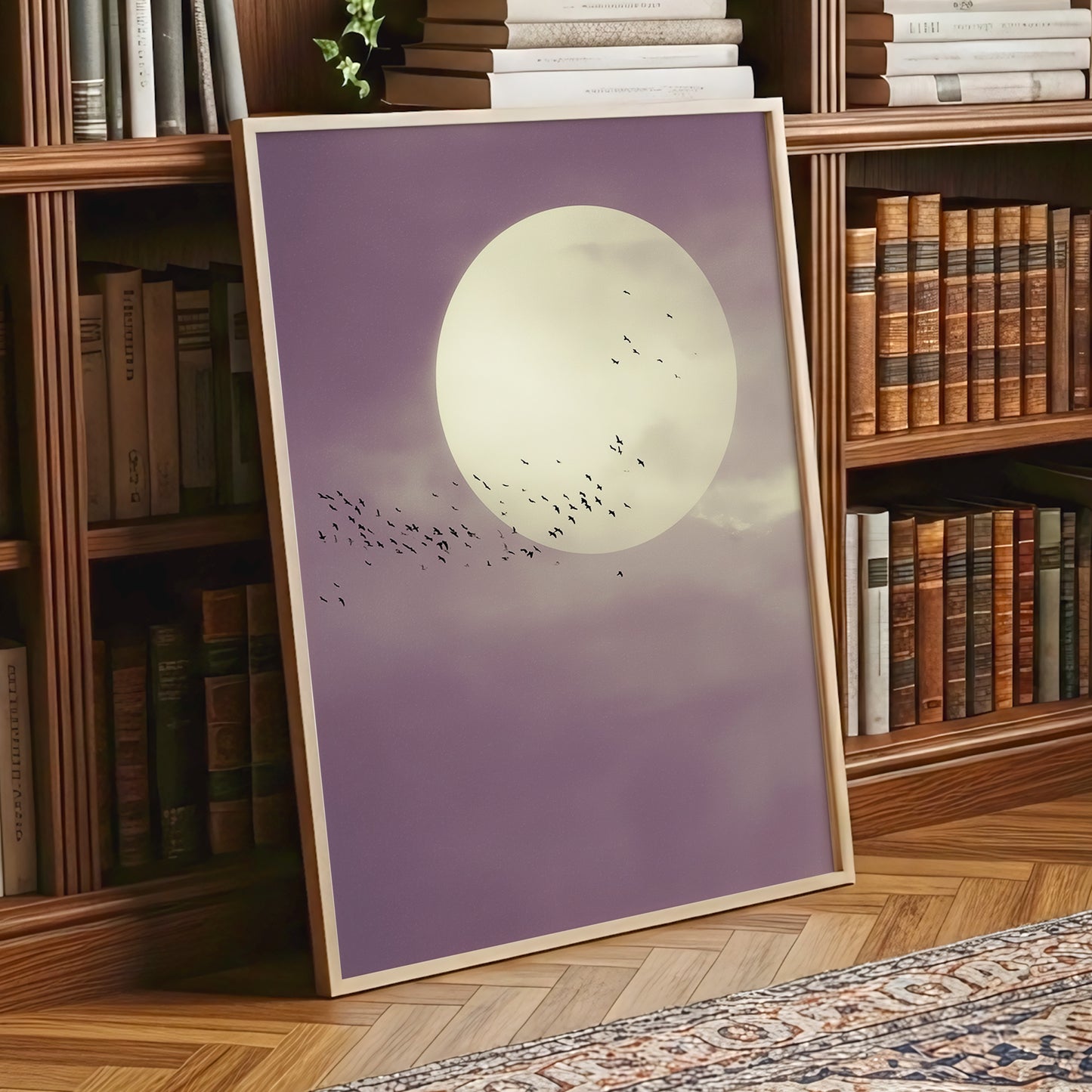 Mauve Migration, purple, beige, black nature wall art displayed in a styled interior, gallery view 9