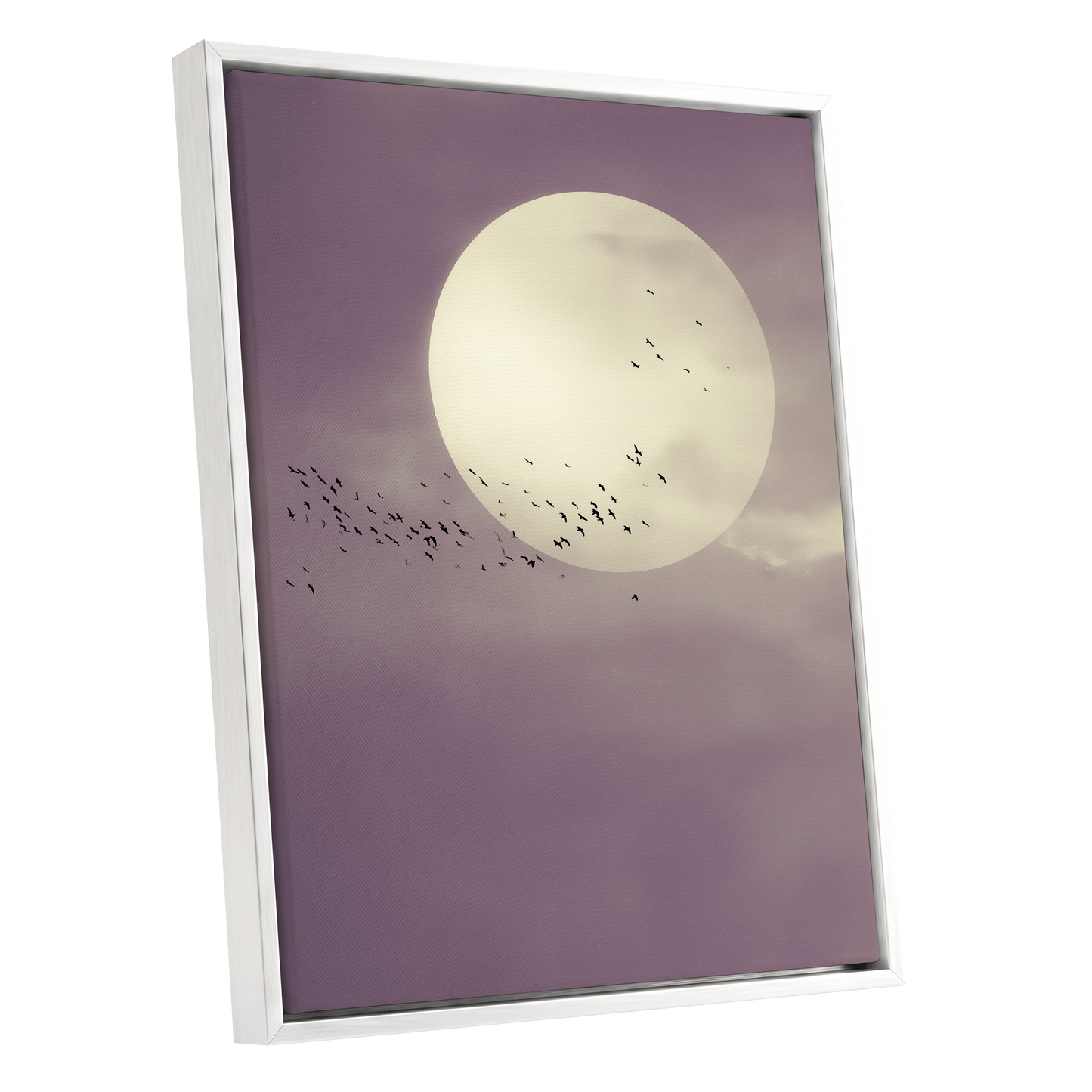 Mauve Migration, purple, beige, black nature wall art shown as a white framed canvas wall art