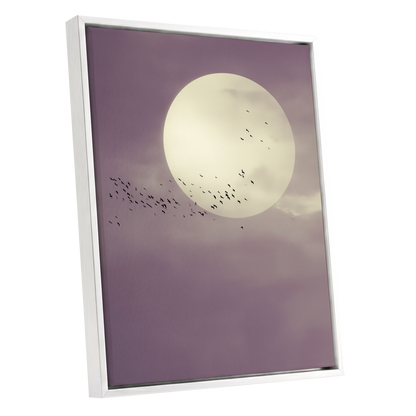 Mauve Migration, purple, beige, black nature wall art shown as a white framed canvas wall art