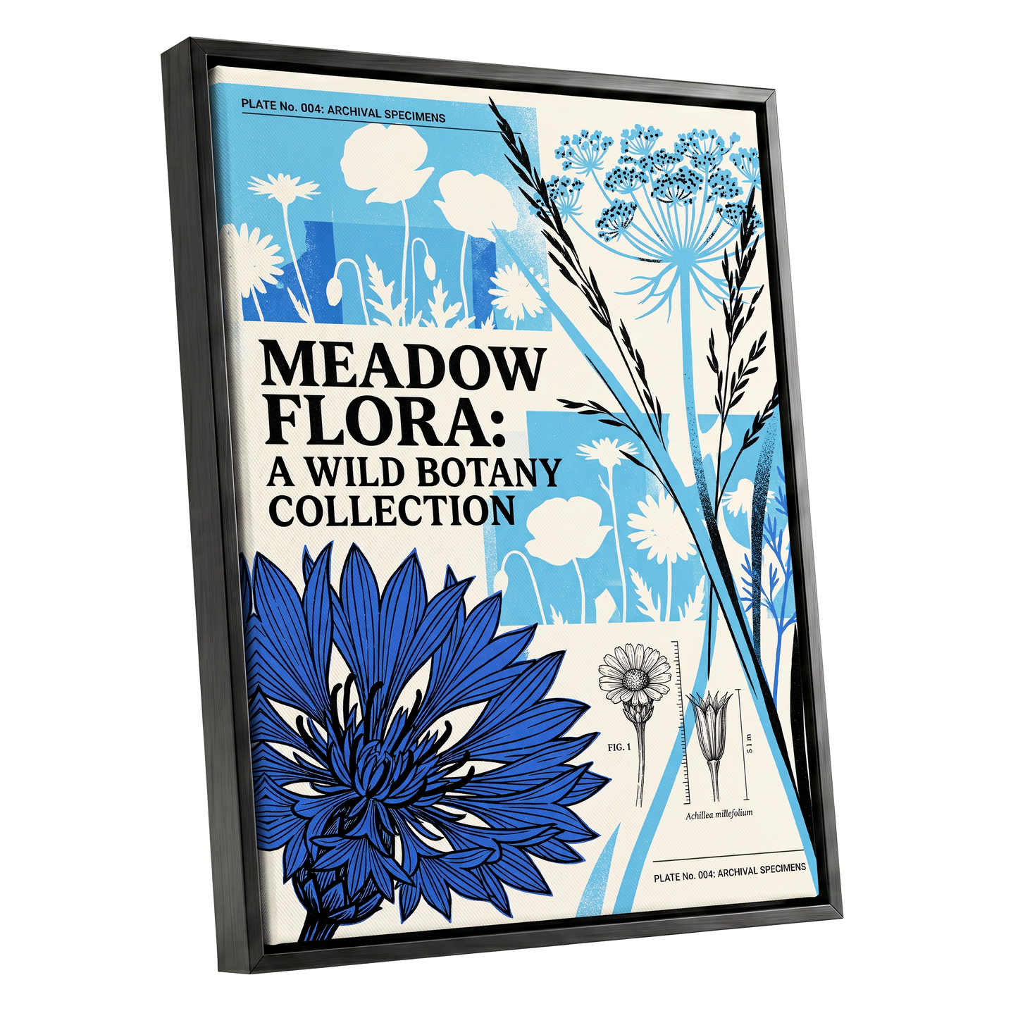 Meadow Archive, blue, black, beige floral wall art shown as a black framed canvas wall art