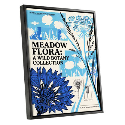 Meadow Archive, blue, black, beige floral wall art shown as a black framed canvas wall art