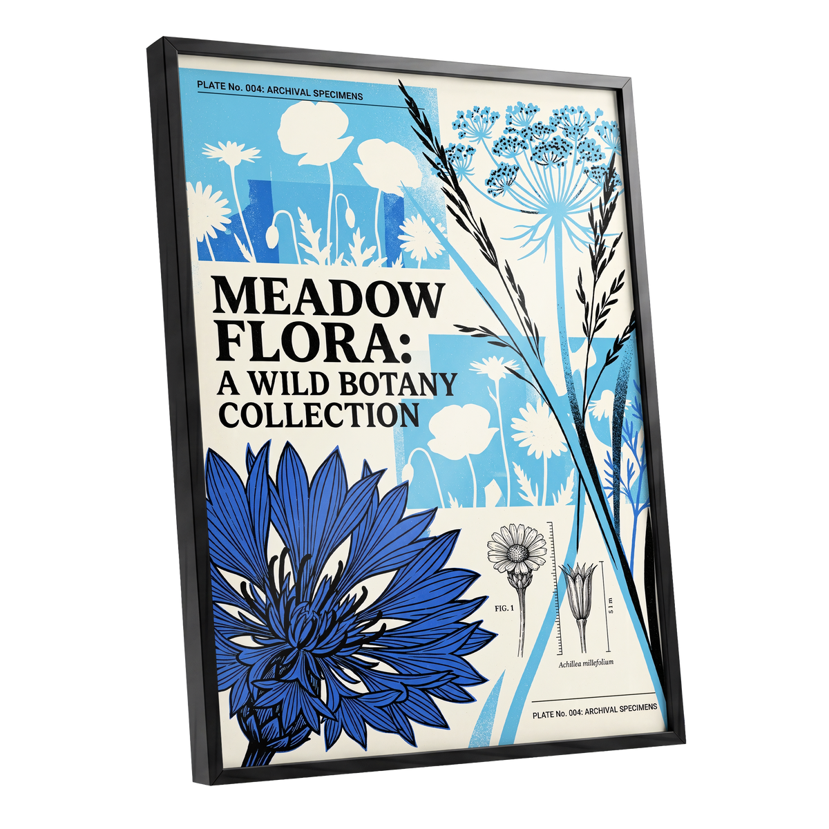 Meadow Archive, blue, black, beige floral wall art shown as a black framed poster wall art print