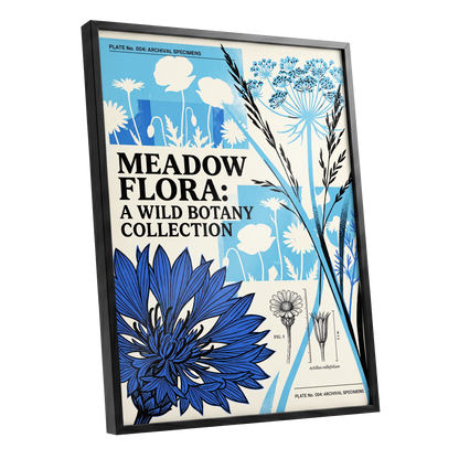 Meadow Archive, blue, black, beige floral wall art shown as a black framed poster wall art print
