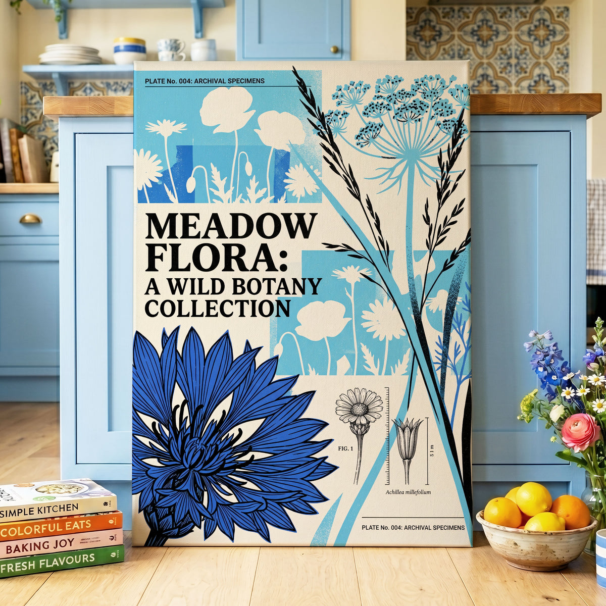 Meadow Archive, blue, black, beige floral wall art on canvas displayed in a styled interior, gallery view 1