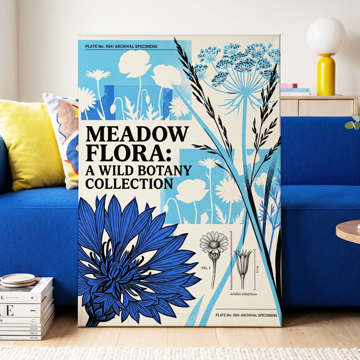 Meadow Archive, blue, black, beige floral wall art on canvas displayed in a styled interior, gallery view 2
