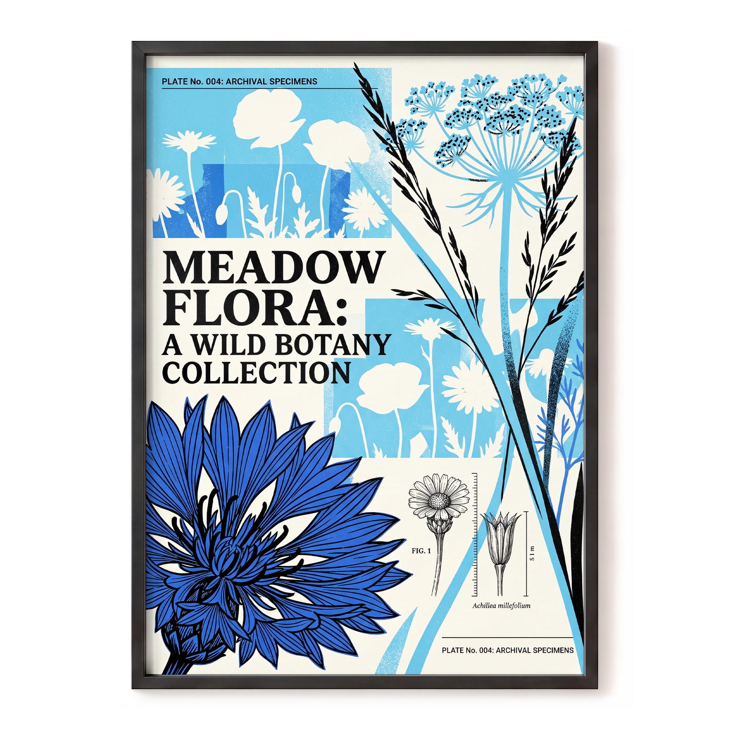 Meadow Archive, blue, black, beige floral wall art, front artwork view