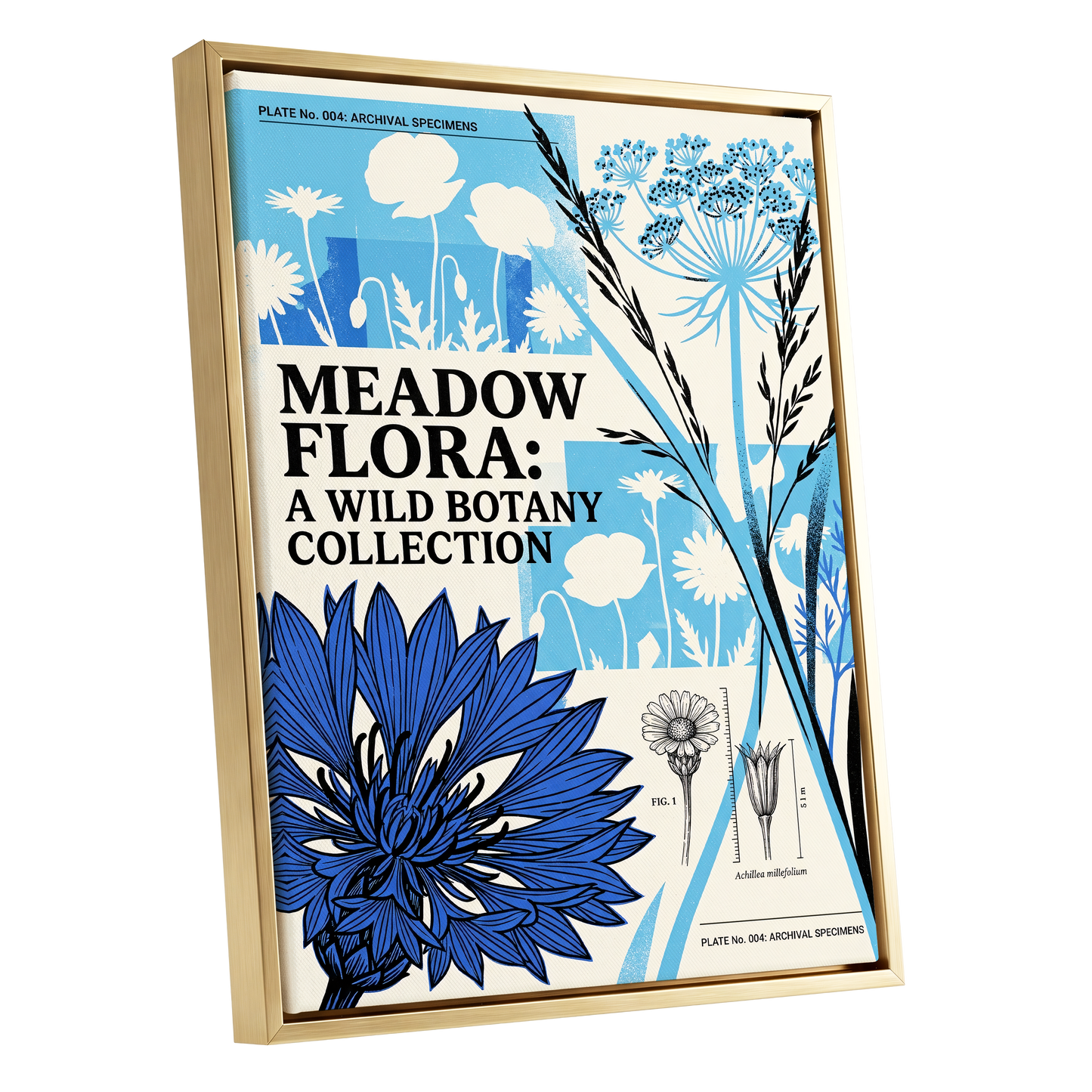 Meadow Archive, blue, black, beige floral wall art shown as a gold framed canvas wall art
