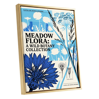 Meadow Archive, blue, black, beige floral wall art shown as a gold framed canvas wall art