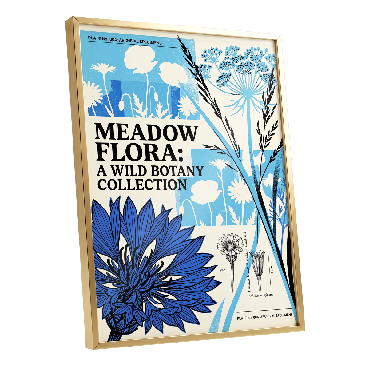 Meadow Archive, blue, black, beige floral wall art shown as a gold framed poster wall art print