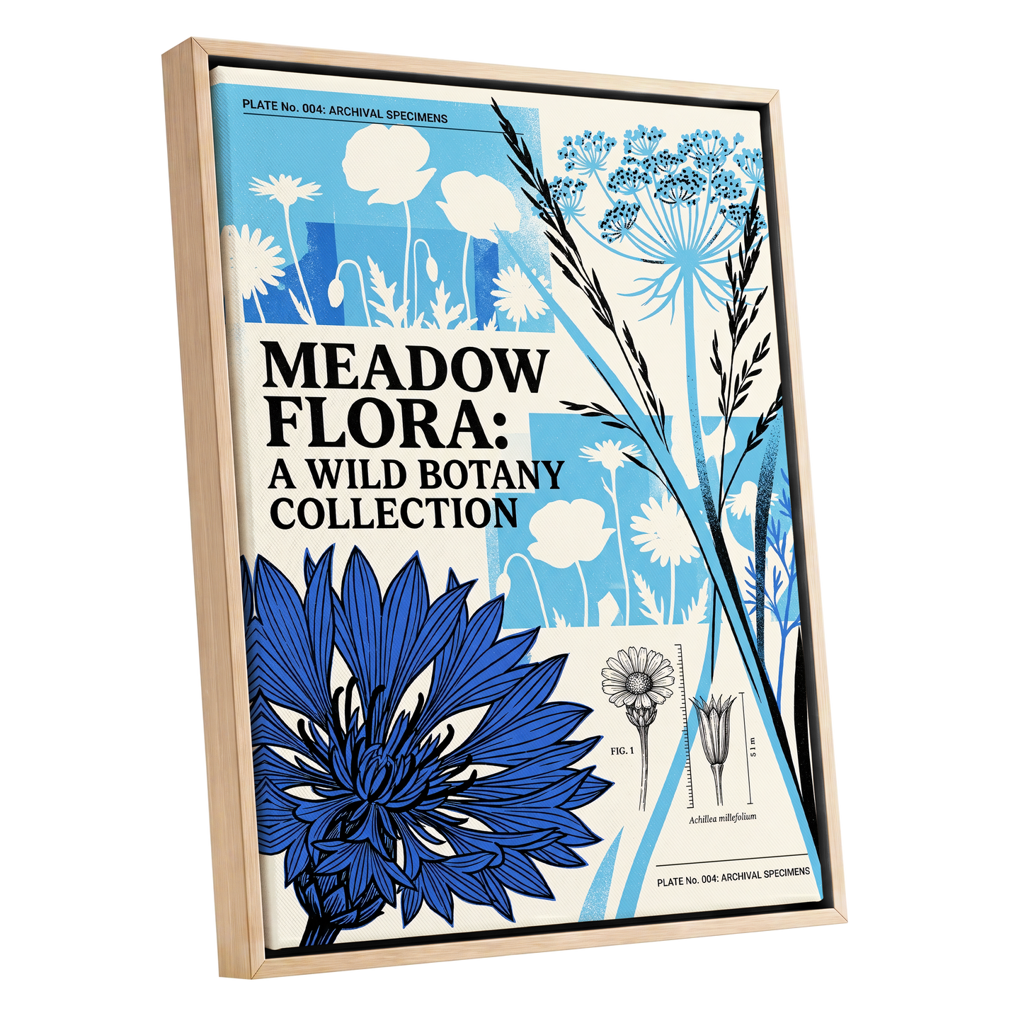 Meadow Archive, blue, black, beige floral wall art shown as a oak framed canvas wall art