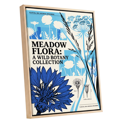 Meadow Archive, blue, black, beige floral wall art shown as a oak framed canvas wall art